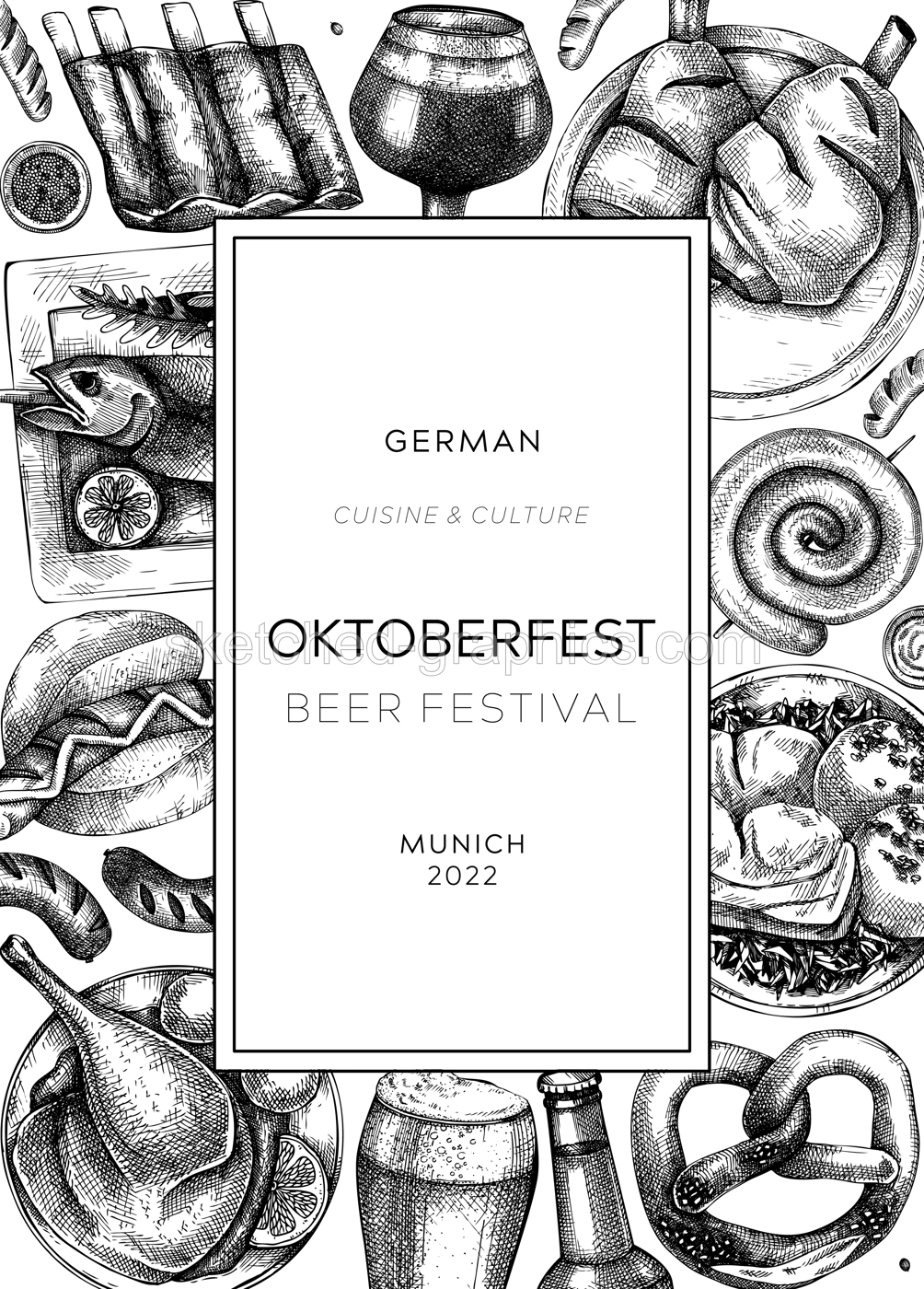 Oktoberfest background. German food and drinks menu. Vector meat dishes sketches. German cuisine frame. Beer festival black and white illustration in sketched style. Oktoberfest party design. Illustration
